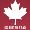 catechism: white maple leaf on red background. text: "on the eh team." (canada)