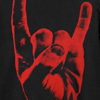 catechism: black background with red image of a hand making the horns. \m/ (horns)