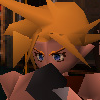 firefly99: A blocky, old-school screenshot from FF7, showing Cloud, a man with spiky hair, squeezing his nose in thought (FF7 - Cloudthink)