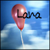 theseoldwings: a red balloon floating up in a partly cloudy blue sky with Lana written in a hand written font on and near the balloon (Lana: floating red balloon)