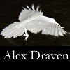 ephemera: a white raven in flight on a black background, with the text 'Alex Draven' (Alex Draven Raven)