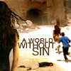 analoguechild: River watching children run off in the distance on Haven with text that reads "A world without sin" (World without sin)
