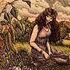 untonuggan: historic-style drawing of a woman with long hair dressed in purple robes sitting in a field (pagan woman)