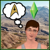 helens78: A person from the Sims standing in front of Mt. St. Helens, thinking of the Star Trek logo. (sims: helens)