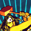mariseth: Wonder Woman heaves a gigantic hammer - the big railroad sort. (wondy has a hammer)