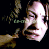 binz: deb and dexter from 'dexter' hug, focus on deb's distraught face. text: de-creation. ([ dexter ] broken sister)