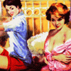 binz: two women drawn in classic pin-up style, sitting on a bed in different stages of undress. one is eyeing the other. ([ drawn ] all the girls are doing it)