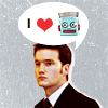 strina: ianto jones w/ speech bubble displaying "i (heartshape) (50s-pulp-stylistic robot head)" (ianto loves robots)