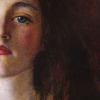 ar: A closeup of a painting: a white girl with blue eyes, dark hair, and red lips looks at the viewer a little insolently, (misc - sophie gray)