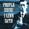 mythochromos: H.P. Lovecraft holding a cat, with the caption "People suck. I like cats." (Lovecraft likes cats)