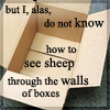 watersword: A empty box with the words "but I, alas, do not know how to see sheep through the walls of boxes" from Le petit prince (Writing: sheep through the walls of boxe)