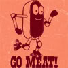 catechism: red anthropomorphic hot dog saying "go meat!" (go meat)