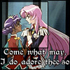 veleda_k: Utena and Anthy from Revolutionary Girl Utena. Text says "Come what may, I do adore thee so." (Utena: OTP!)