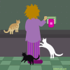 eien_herrison: Early morning feeding for three cats: one on worksurface, one scratching the person's legs, one running around legs (ani (Cat Feeding Time)
