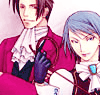 sineala: Edgeworth and Franziska (from Ace Attorney) posing together, Franziska has a whip (Ace Attorney: Edgeworth & Franziska)