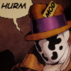 sandoz_iscariot: Rorschach, a masked vigilante in a fedora, says "HURM."  His hat says "MOD" (Watchmen: MOD FEDORA)