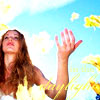 genarti: young woman in sunlight with yellow flowers thrown mid-air; "daylight" written indistinctly ([misc] dance your days)