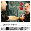 aqua_eyes: John grabbing Rodney's flakvest with the caption: ',,,,,,,grabbyhands,,,,,,,' Grey and red circles in bkground. (SGA grabby hands)