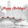 rhi: A white park, but green and red bunting on the bridge.  Happy Holidays! (holiday bridge)