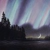 rhi: The aurora borealis over a setting crescent moon. (northern lights)