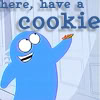 zarhooie: A little blue monster dude holding up a cookie. Text: Have a cookie! (Random: Have a cookie)