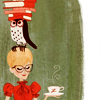 binz: a whimsical drawing of a woman with glasses, a hair bun, and a cup of tea. she has an owl sitting on her head  ([ stock yuletide ] a bird on a head)