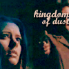strina: illyria in close-up with faceless wes holding gun to her head caption "kingdom of dust" (illyria - kingdom)