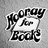 strina: text mostly "hooray for books" overlaid on cartoon of open book (txt - hooray)