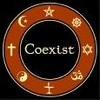 geekosaur: "Coexist" off-white text on black background, surrounded by red-brown circle with assorted religious symbols (coexist)