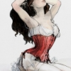 cytherea999: Colour pencil drawing of a woman with long dark hair wearing a red corset with her arms raised above her head (Default)
