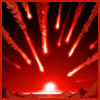 carrie: fiery meteors stream through a red sky at a target on the horizon (boom)