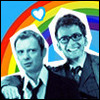 srevans: Simm!Master barely tolerating Tenth Doctor's arm around him, with cheerful cartoon rainbow and heart (who: i love my dead gay archenemy)