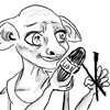 houseelf: A line drawing of Dobby the house elf holding a skein of yarn and knitting needles. (Default)