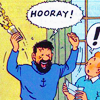 ext_81845: tintin comic panel of captain haddock yelling "HOORAY" and spilling a drink  in front of a startled tintin (yeeaaaahsssss!)