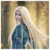 mythochromos: a woman with long blond hair in a blue dress with a forest behind her (Vaul - blue dress)