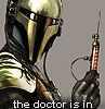 elekdragon: man in gold and black armor holding a wicked looking hypodermic needle, text reads "the doctor is in" (Doctors Are Evil)