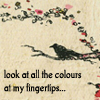 heuradys: watercolour of black bird on branch with flowers. "look at all the colours at my fingertips..." (colours at my fingertips)