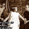 darchildre: dr frankenstein, the monster, and the bride.  text:  "fucked up family portrait" (family portrait)