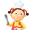sansets: Cartoon girl with pig-tails and a cheif's hat holding a wisk and a cup of cofee (Cooking)