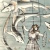 theleaveswant: illustration: woman in puffy dress & antique diving helmet holds hoop for sharks (one in clown hat &ruff)to swim through (shark ballet)