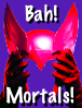 metahacker: Superhero-gauntleted hands, holding a helm; text: "Bah! Mortals!" (mortals)