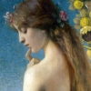 majoline: girl with long hair on blue background with plants (Pretty Girl)