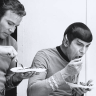 the_shoshanna: Shatner and Nimoy chowing down between takes (Kirk and Spock eating)