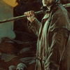 binz: harry from the cover of a 'dresden files' comic, cropped from above the mouth to above the hips, holding his staff. ([ dresden comic ] phallic focci)