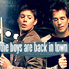 shopfront: Source: Dark Angel. Alec and Logan, playing pool, back to side. Text: the boys are back in town. (DA - and the boys from the bush)