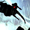 odditycollector: Supergirl hovering in black silhouette except for the red crest. Cape fluttering. Background is a roiling, raining sky. (Weather)