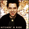lannamichaels: A manip of Billie Joe Armstrong to have fangs, saturated colors to look weird, with the text "Hitchin' a ride". (billie vants to suuk your bluud)