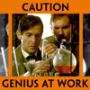 language_escapes: Holmes working on chemistry with Watson leaning over him, caption reading "Caution: Genius at Work" (Genius at work)