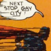 dancesontrains: Art of Superman flying and saying "Next stop, Gay City!" (Superman goes to Gay City)