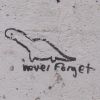 twotone: Graffiti art of a long-necked dinosaur, possibly a Diplodocus, accompanied by the cryptic words "never forget". (dinosaur love)